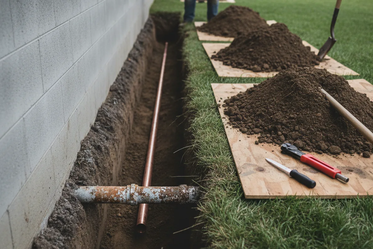 Excavated water line trench during Water Softener Installation in Valley Springs